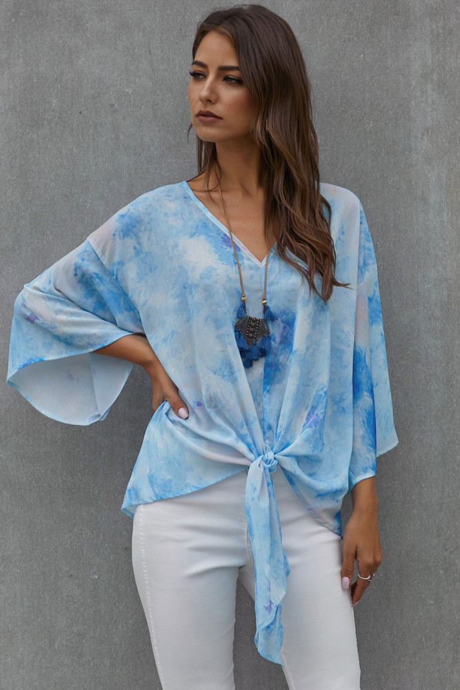 Sky Blue Tie Dye V Neck Top