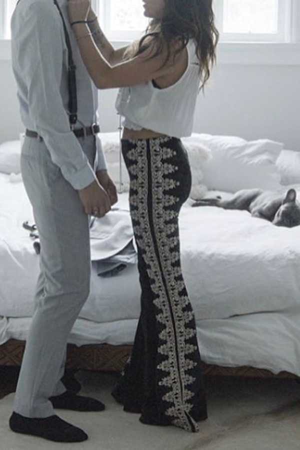 Black Lace Stitching Velvet Flare Pants