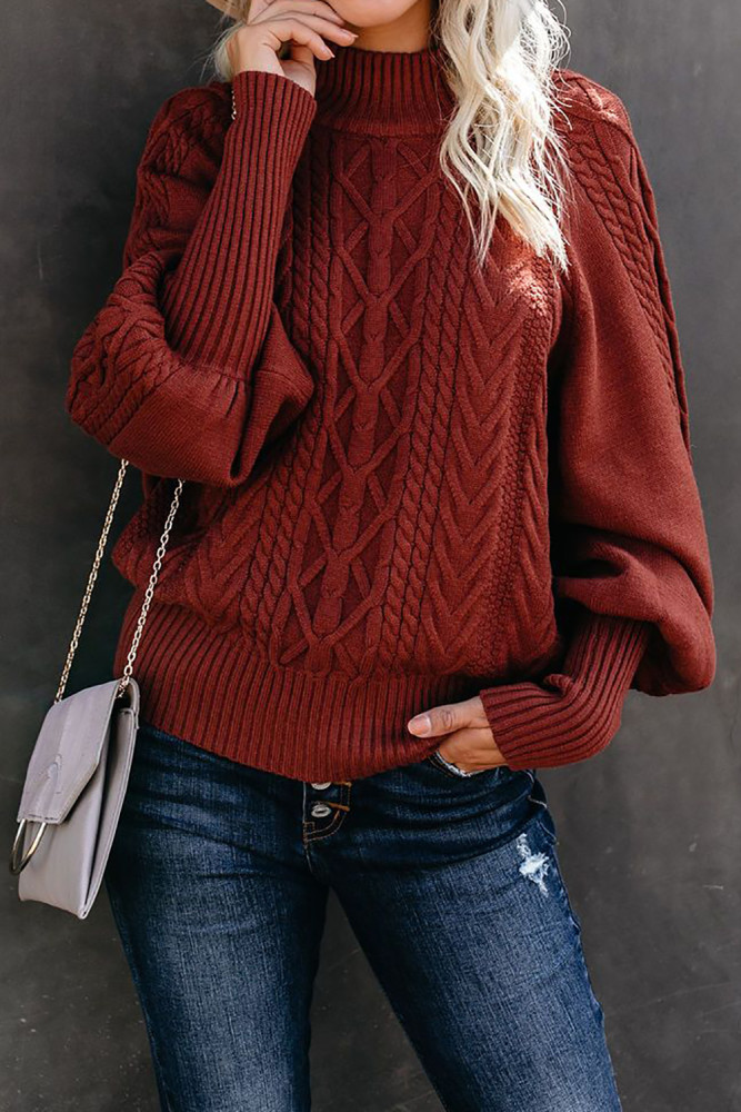 Red Housewarming Cable Knit Balloon Sleeve Sweater