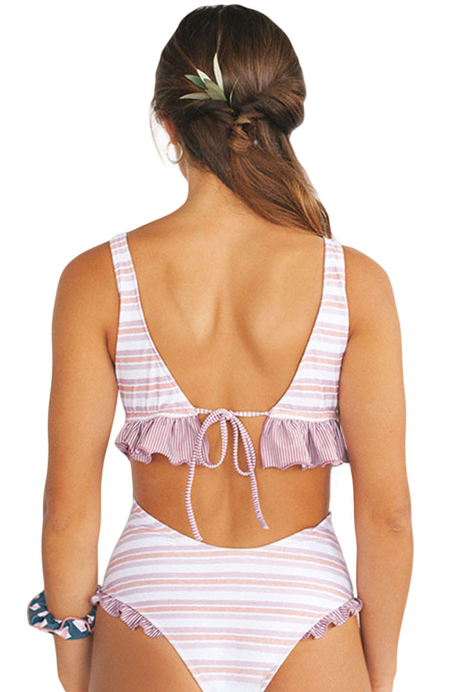 White Striped Print Cheeky Monokini Swimsuit