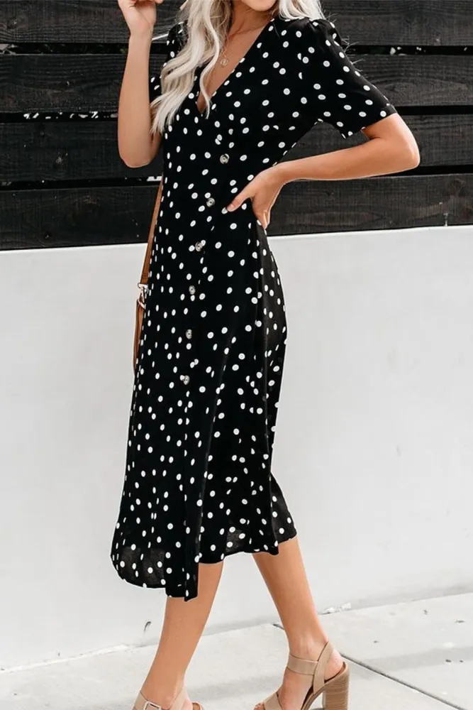 Black Polka Dot Button Down Aside Midi Dress