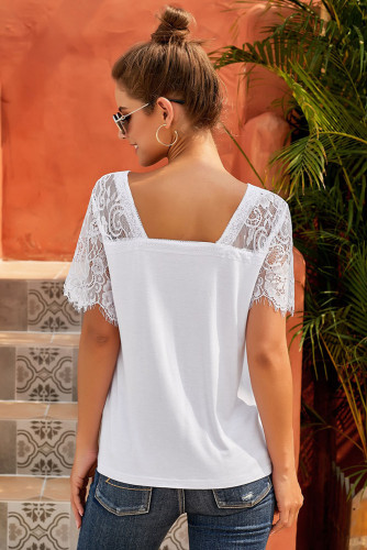 White Sweet Side Lace Deep V Neck Top T-shirt