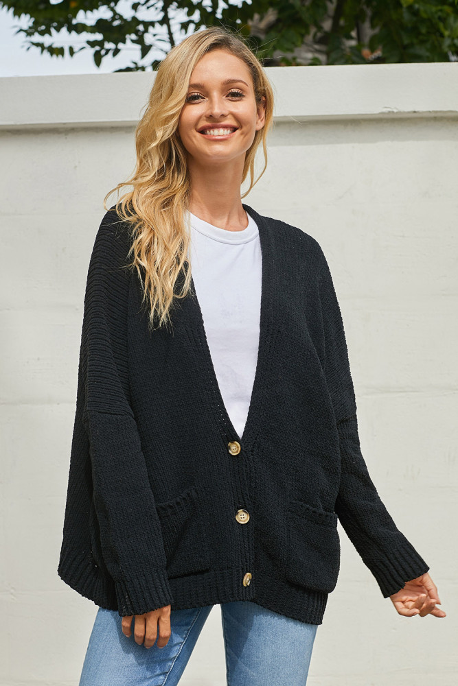 Black Oversize Button Front Cardigan