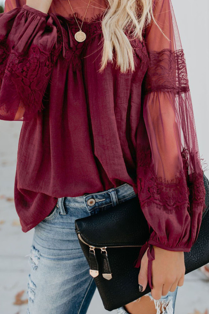 Red Fashion Lantern-Sleeve Lace Patchwork Top