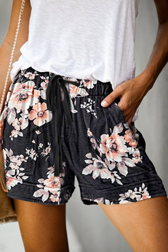 Black Floral Print Drawstring Casual Elastic Waist Pocketed Shorts