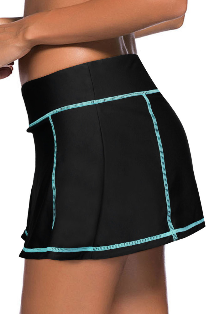 Sky Blue Stitch Trim Black Swim Skirt Bottom