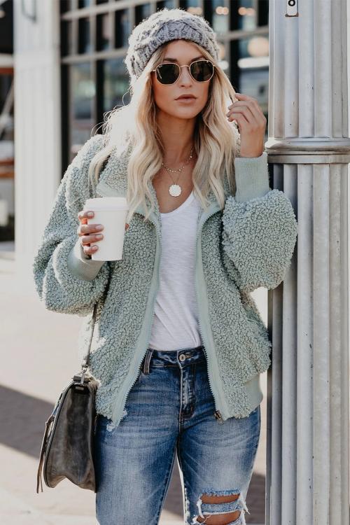 Green Cool For The Winter Pocketed Teddy Jacket