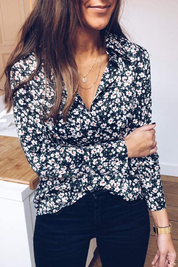 Black Floral Pattern Buttoned Shirt