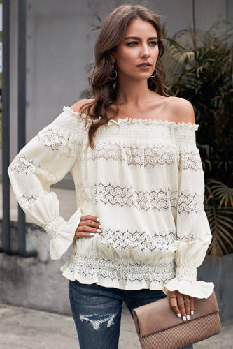 Apricot Off Shoulder Ruffle Long Sleeve Smocked Waist Lace Crochet Blouse