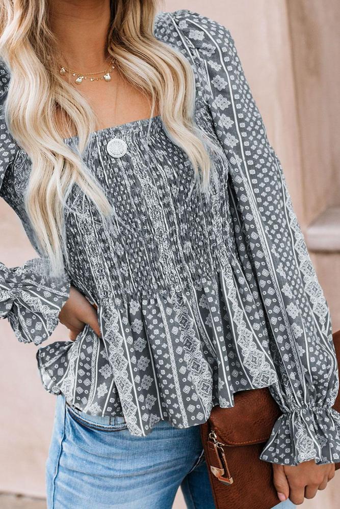 Gray Bohemian Print Shirred Bodice Tunic Top