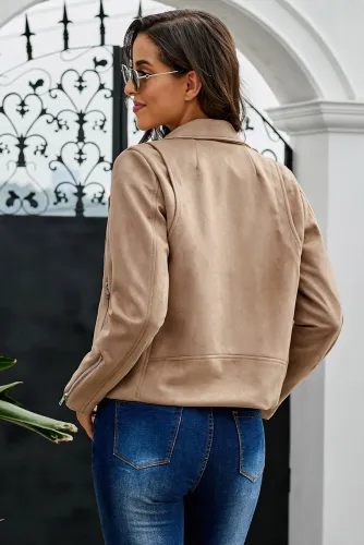 Khaki Zipped Notch Collar Short Jacket