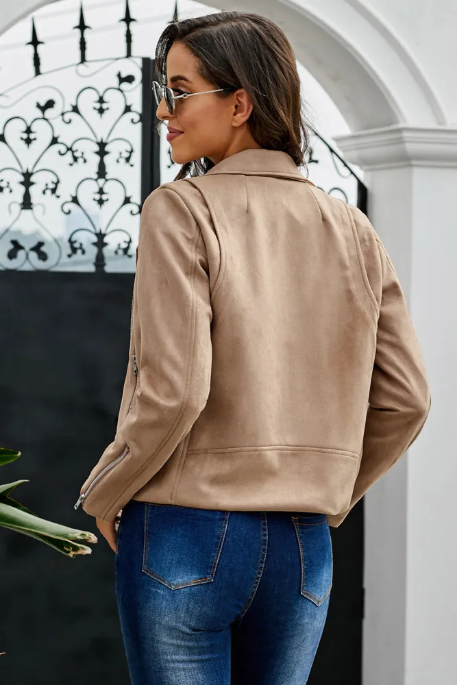 Khaki Zipped Notch Collar Short Jacket