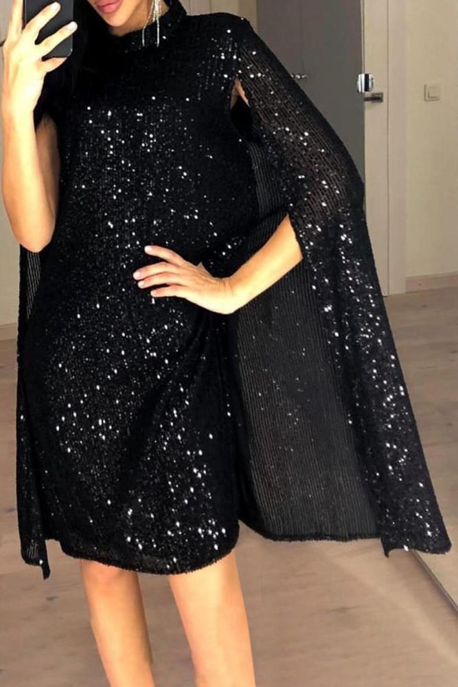 Black Glitter Mock Neck Cape Design Sequins Dress