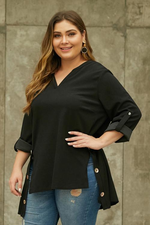 Black V Neck Tab Roll up Sleeve Slits Plus Size Top