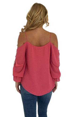 Rose Spaghetti Strap Cold Shoulder Long Sleeve Top