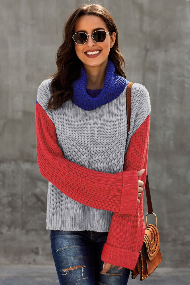 Blue Long Sleeve Turtleneck Color Block Pullover Knit Sweater
