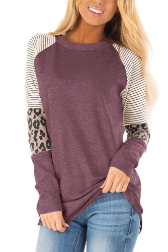 Striped and Leopard Color Block Sleeves Top