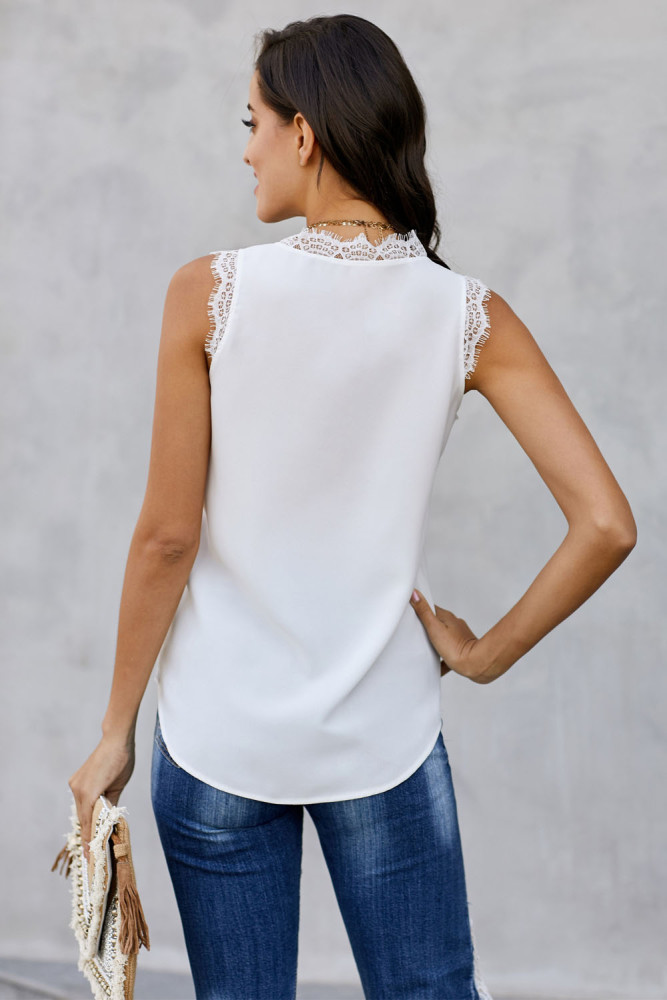 White Sleeveless Eyelash Lace V Neck Tank Top