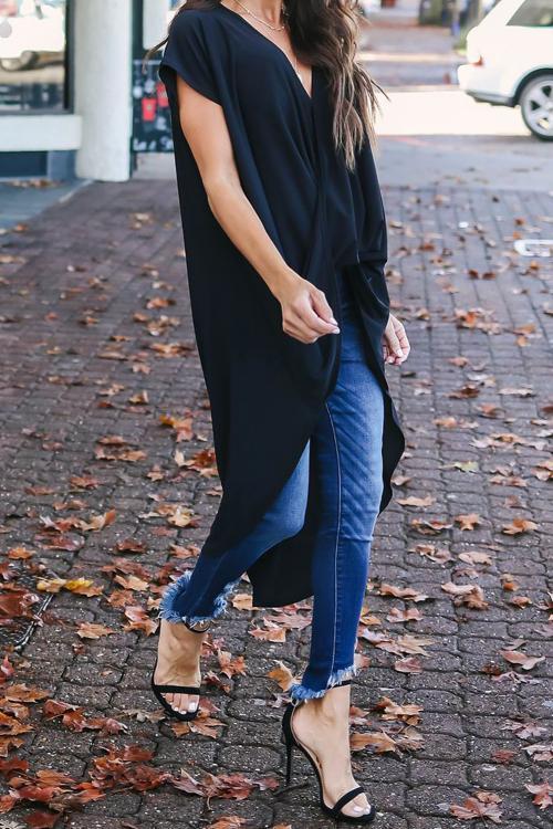 Black Stylish Drape High Low Top