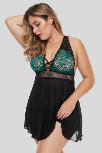 Green Plus Size Lattice Babydoll Set