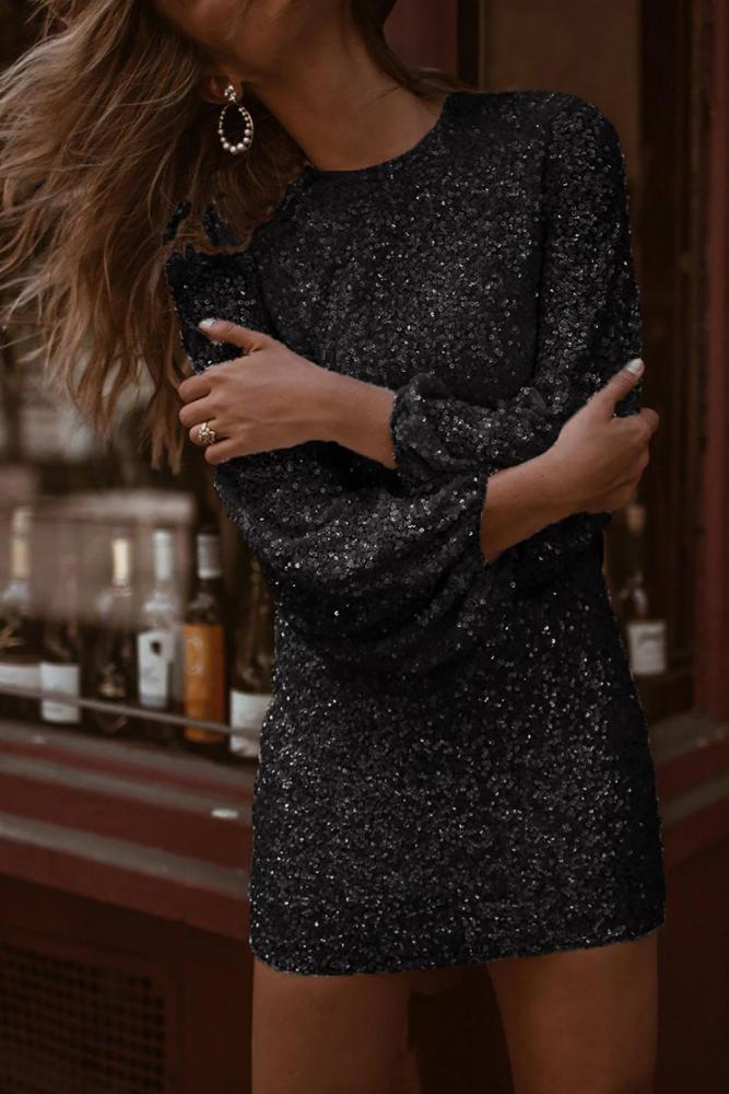 Black Puffy Sleeve Sequin Party Mini Dress