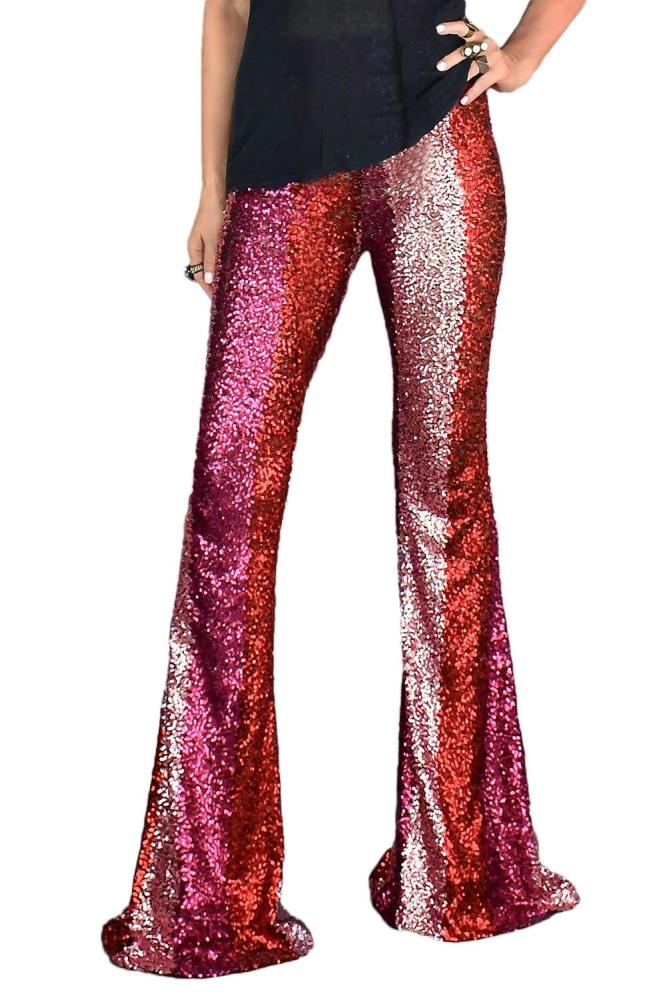 Red Color Block Sequin Wide Leg Pants