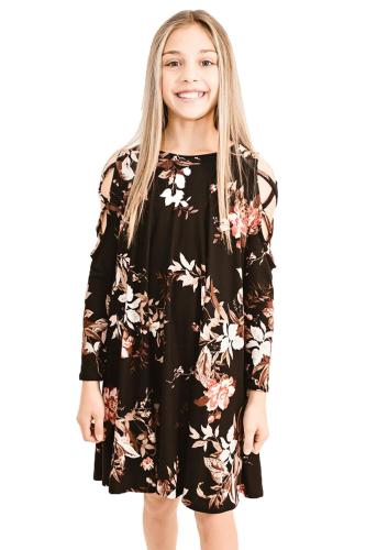 Black Floral Crisscross Shoulder Kids Dress