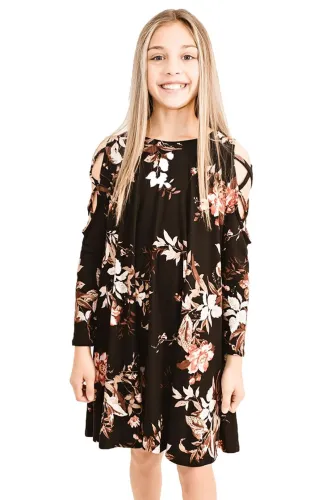 Black Floral Crisscross Shoulder Kids Dress
