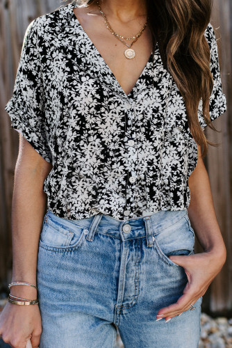 White Printed Button Front Top