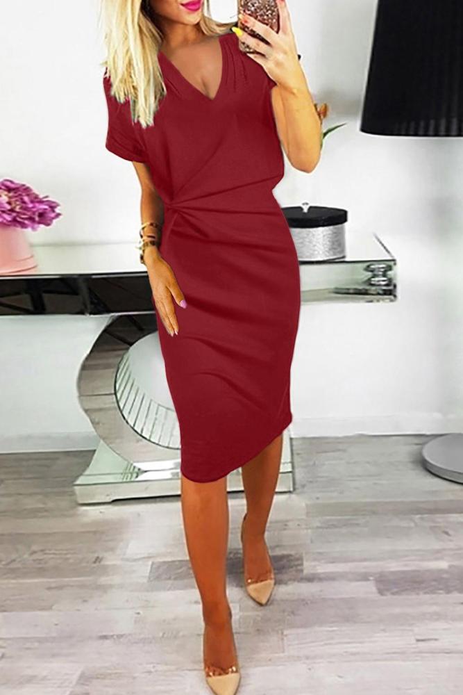 Red V Neck Cutout Inverted Pleat Bodycon Dress