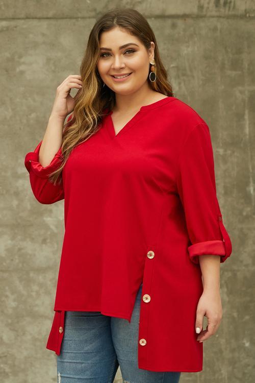 Red V Neck Tab Roll up Sleeve Slits Plus Size Top