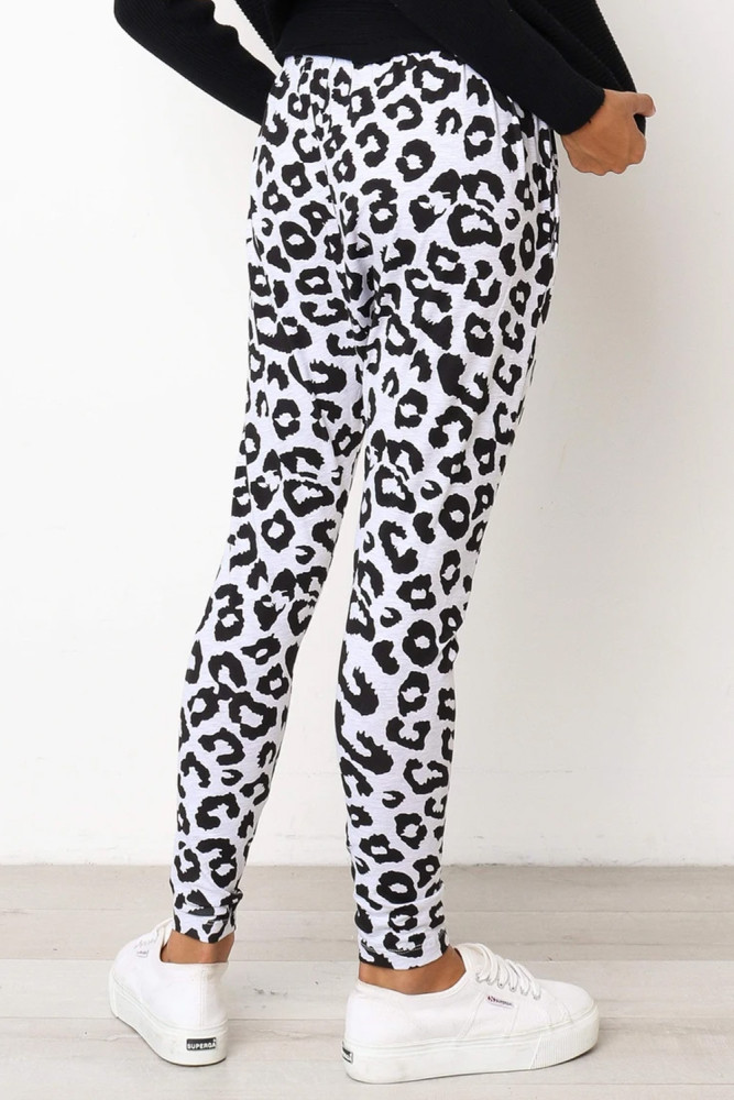 White Leopard Print Drop Crotch Casual Pants