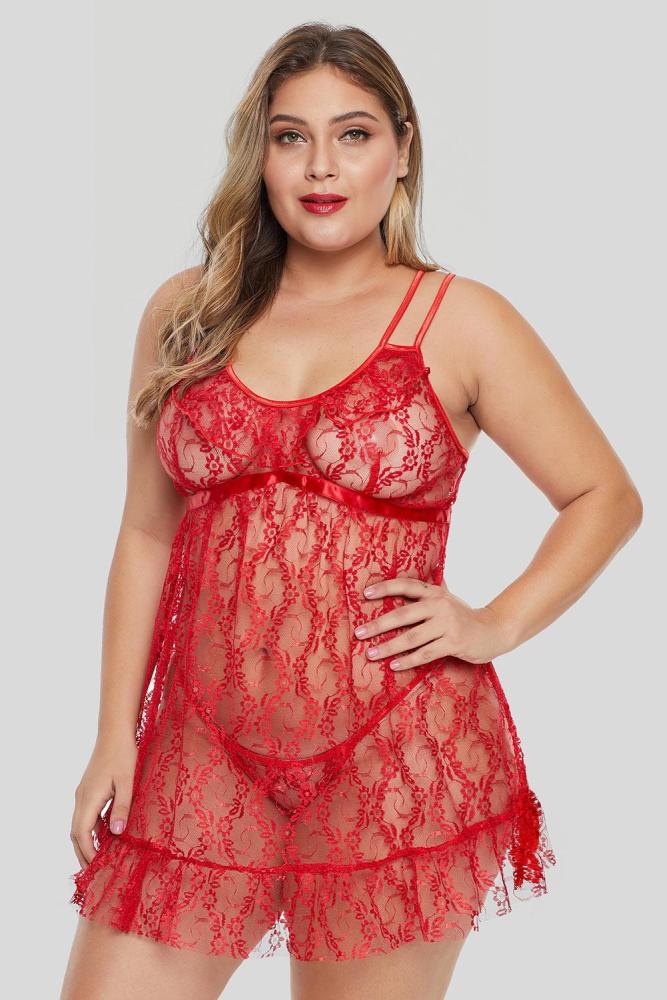 Red Floral Lace Plus Size Lingerie Set