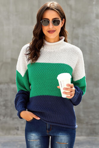 Blue Oversized Chunky Batwing Long Sleeve Turtleneck Sweater