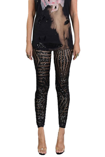 Black Casual High Waist Sequin Pants