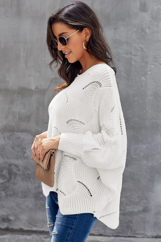 White Wave Hem Long Batwing Sleeve Hollow Out Elegant Sweater