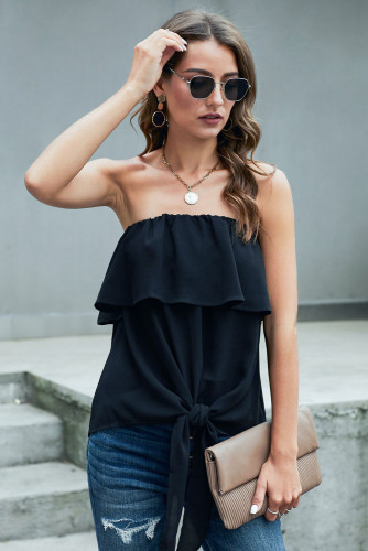 Black Oceanside Ruffle Strapless Tie Top