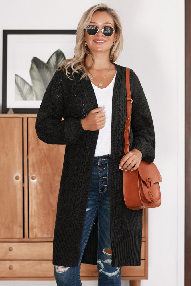 Black Long Front Open Cardigan