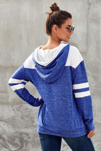 Blue Color Block Pullover Hoodie with Pocket