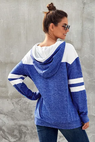 Blue Color Block Pullover Hoodie with Pocket