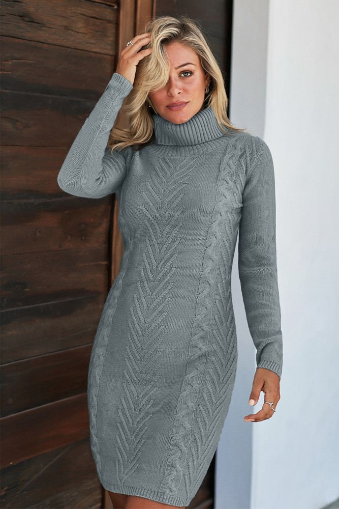 Gray Hand Knitted High Neck Sweater Dress