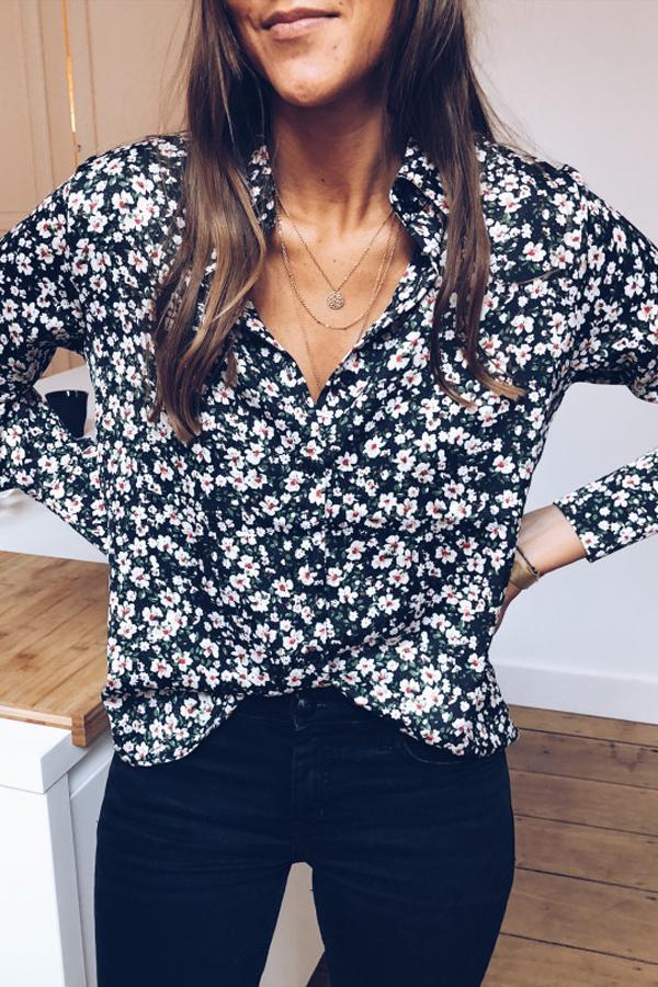 Black Floral Pattern Buttoned Shirt