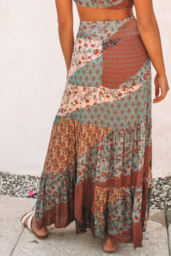 Multicolor Boho Print Tie-Up Waist Long Maxi Skirt