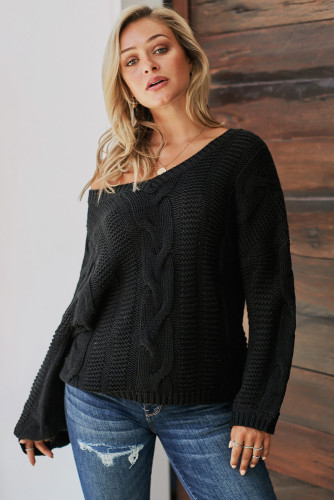 Black Bubblegum V-Neck Braided Knit Sweater