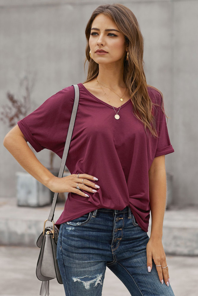 Burgundy Plain Short Sleeve Twist Tee