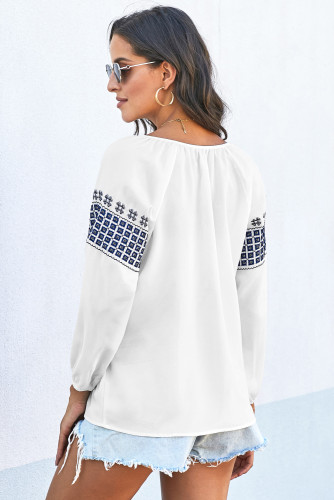 Blue Ethnic Embroidery V Cut Neck 3/4 Sleeve Top