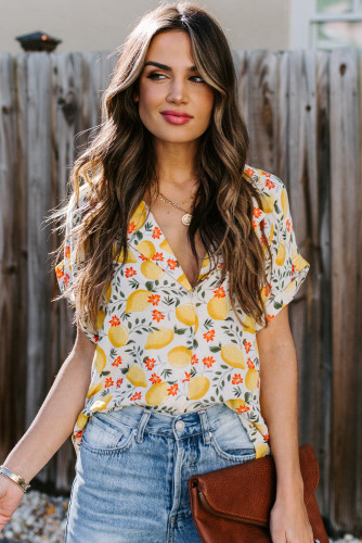 Yellow Printed Button Front Top