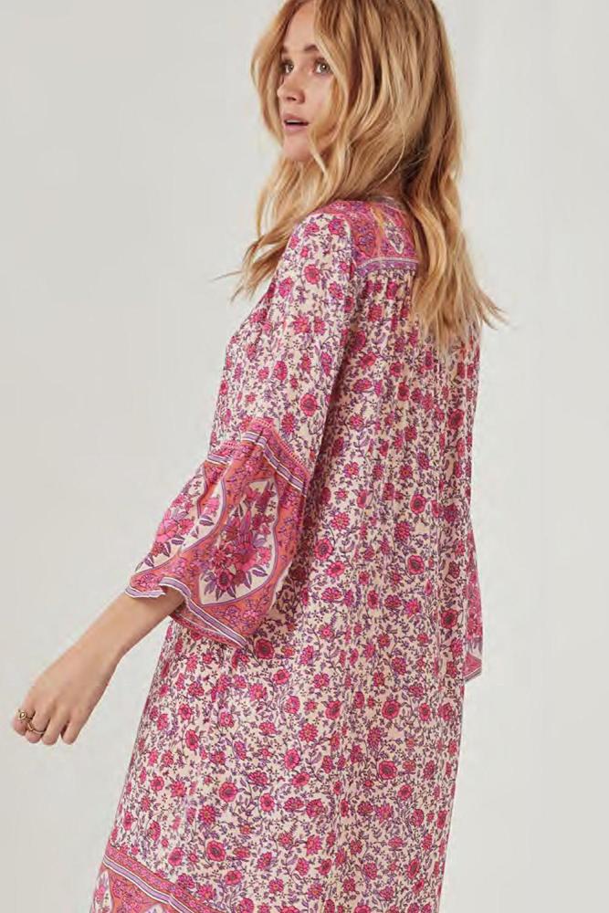 Pink Three-Quarter Sleeve Mid-Calf Print Dress