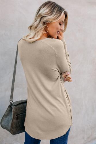 Brown Zip Side V Neck Long Sleeve Pullover Top
