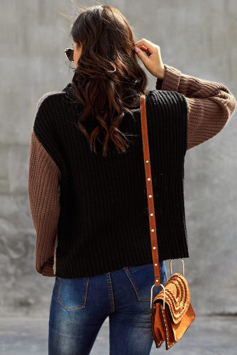 Khaki Long Sleeve Turtleneck Color Block Pullover Knit Sweater